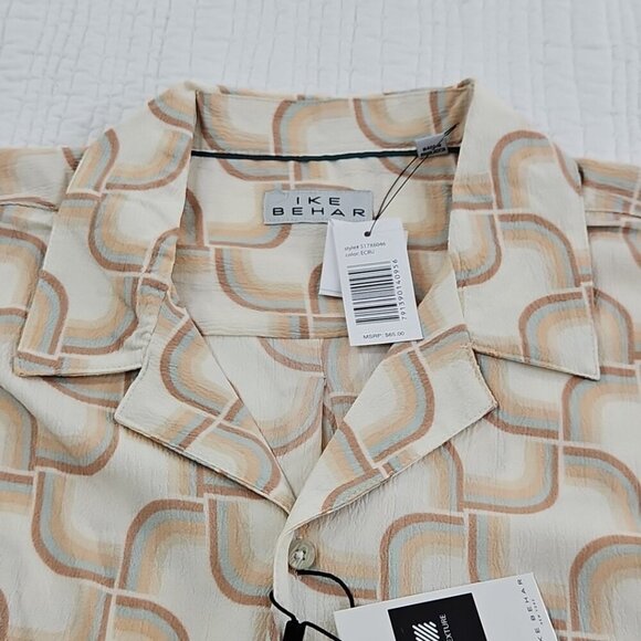 Ike Behar Crepe Shirt Men's XL Ecru and Blue Mod Short Sleeve Button Up NWT - Picture 6 of 15
